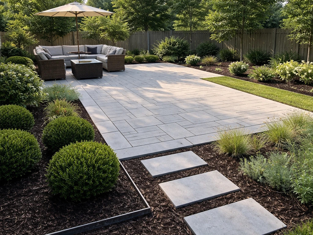 Premium suburban backyard patio with pavers, edging, and landscaped planting beds in natural light.