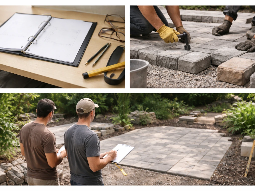 Three minimal photo vignettes: blank design plan on desk, hands installing patio stones, and on-site team coordinating.