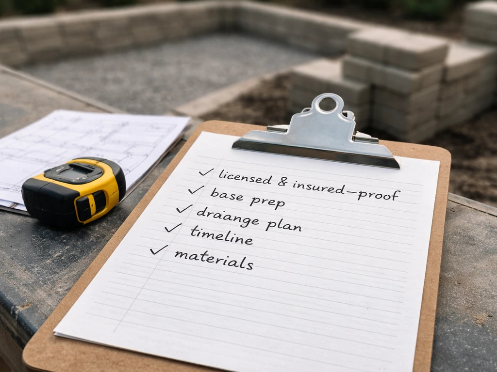 Clipboard checklist on a contractor patio jobsite table with licensing, base prep, drainage, and timeline prompts.