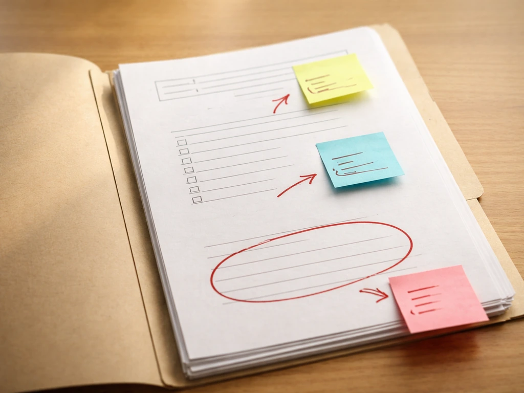 Close-up of a contract folder with three sticky notes highlighting vague scope, missing drainage/base prep, and no chang