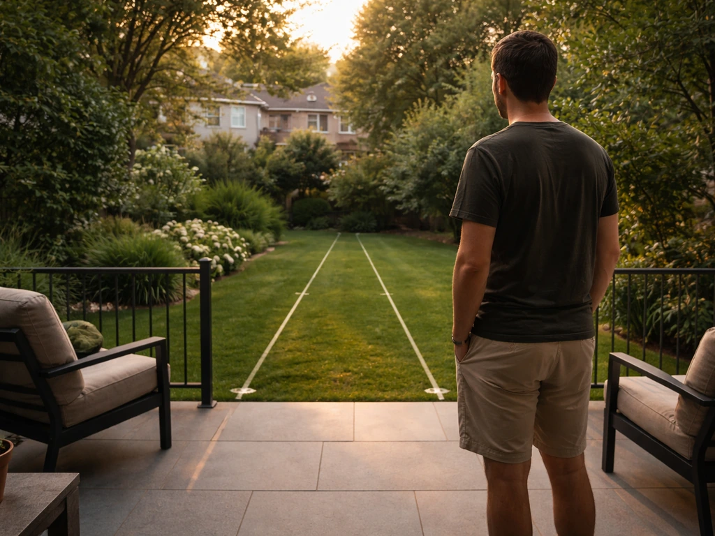 Person stands on a quiet patio, checking visibility toward neighboring homes from different corners.