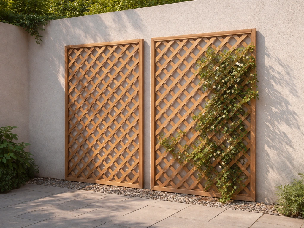 Minimal garden trellis screen with visible lattice and a few climbing vines for partial privacy.