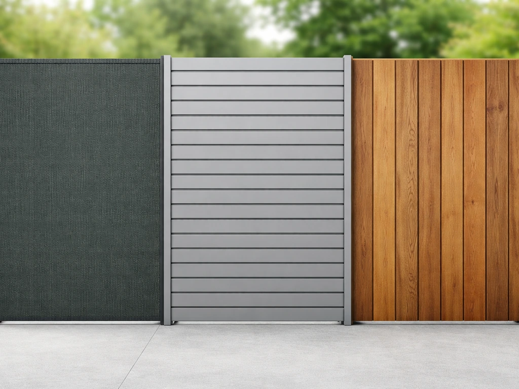 Side-by-side view of outdoor privacy screen materials: HDPE mesh, aluminum slats, and wood panels outdoors.