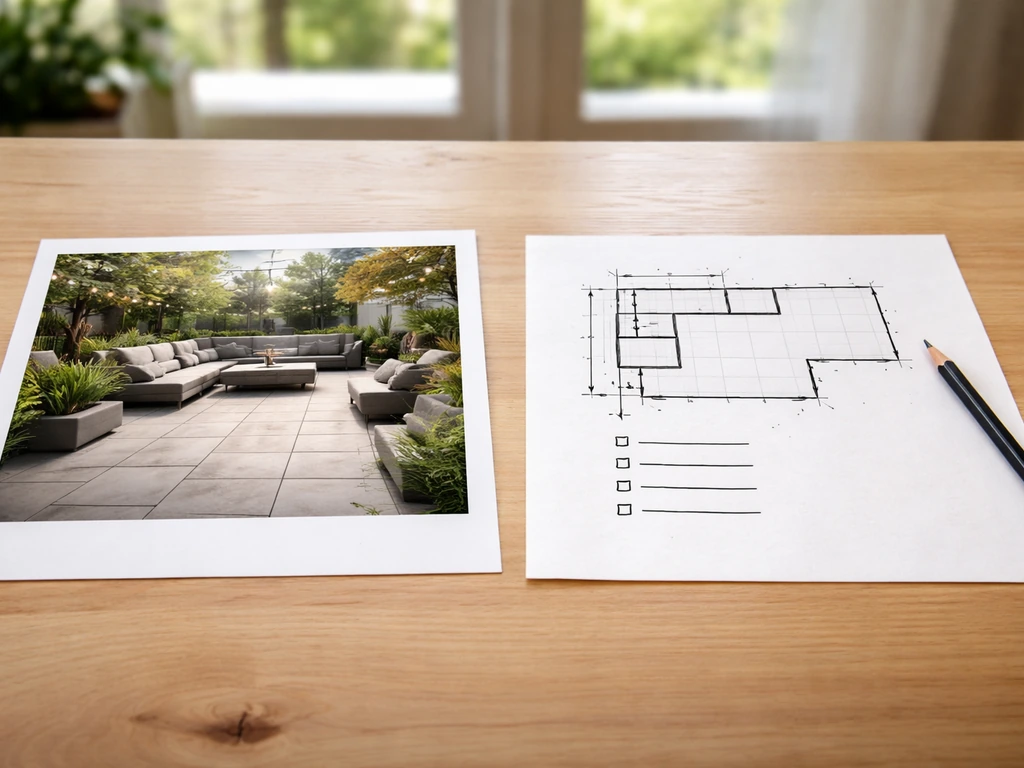 Split view of an AI-like patio render and a simple build-ready sketch checklist beside it.