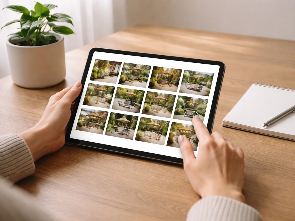 Minimal desk scene with a tablet showing patio images, suggesting choosing free AI patio design tools