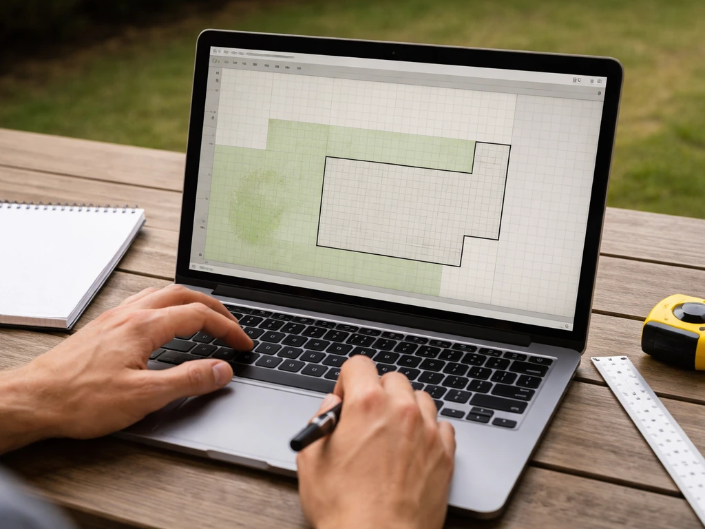Person using a laptop to draw a patio layout over a yard plan with house wall reference, natural light.