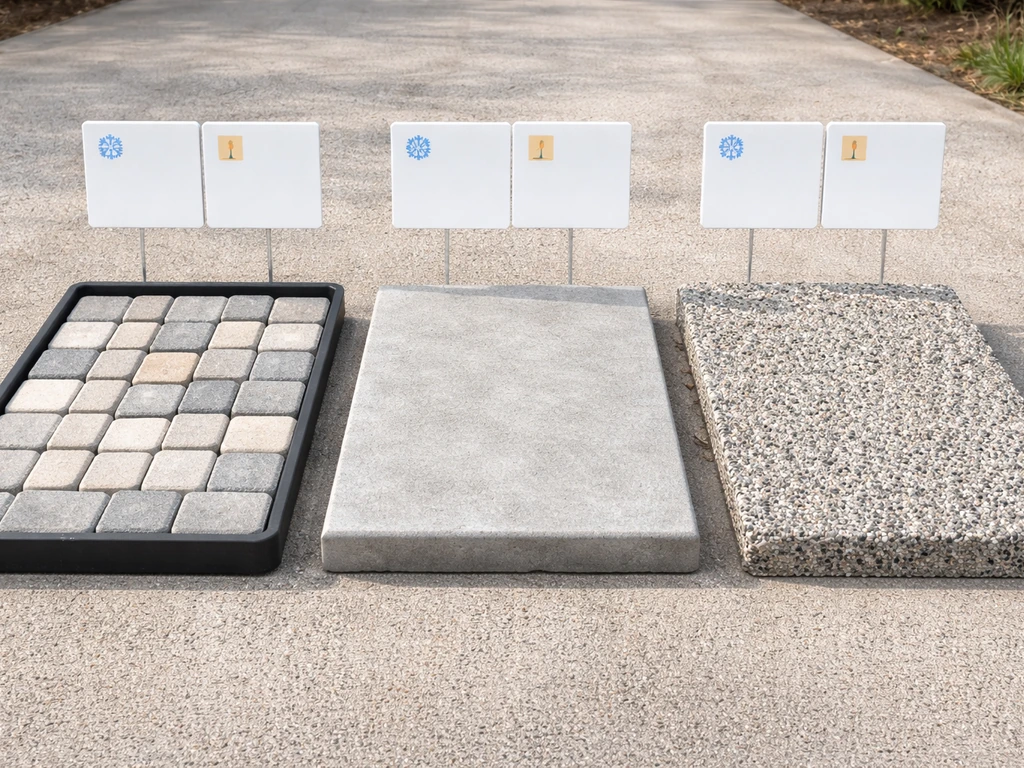 Patio material samples laid out on a driveway, showing pavers, poured concrete, and permeable surface textures.