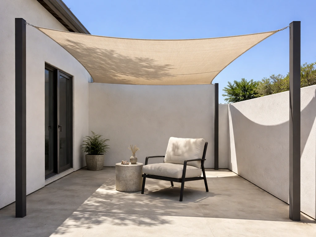 Minimal patio with a shade sail stretched between posts over outdoor seating.