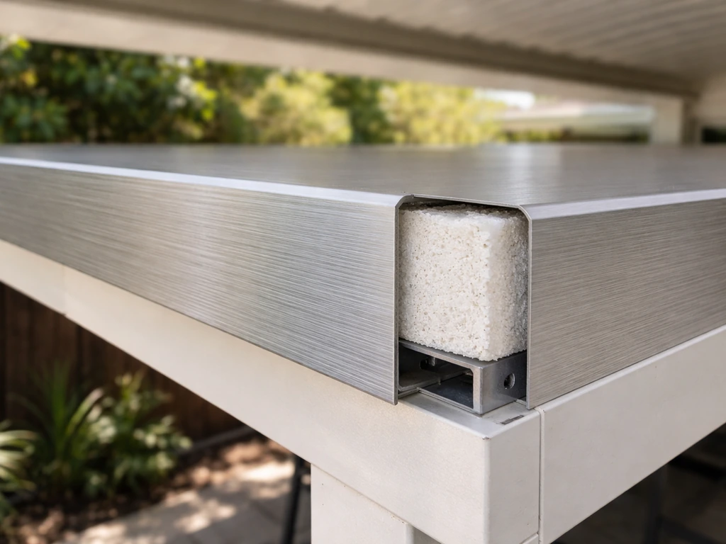 Close-up of installed aluminum insulated panel showing foam core and mounting details.
