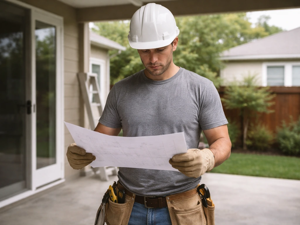 Contractor reviewing patio cover paperwork outdoors beside a home patio setup