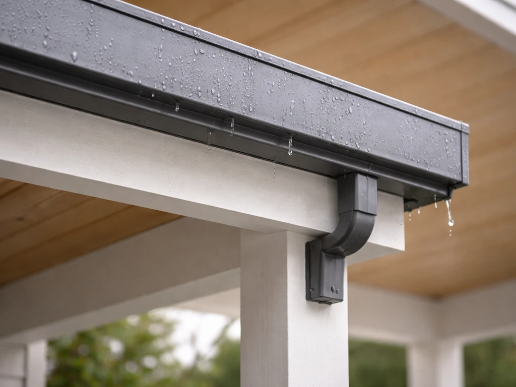 Close-up of an integrated patio roof front beam gutter channel with downspout capturing runoff.