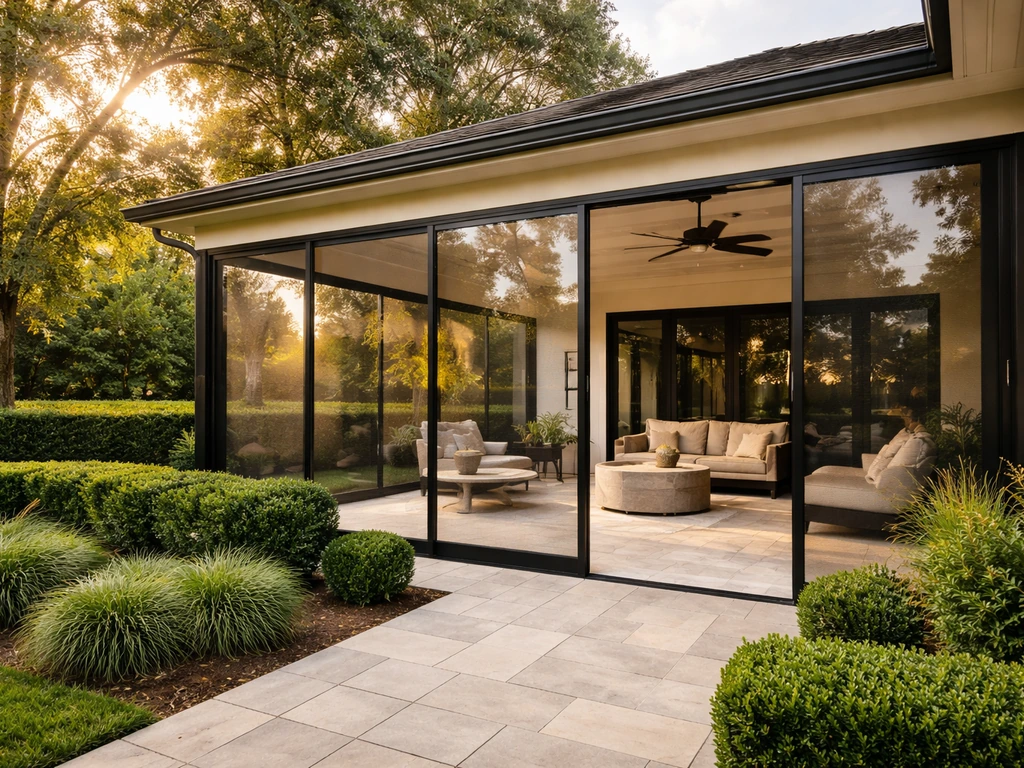 Warm-lit high-end backyard patio framed by clear glass panels and fine-mesh screen walls