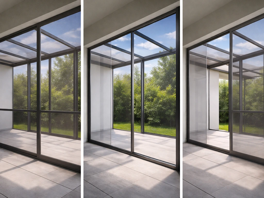 Minimal split scene showing three elegant patio enclosure styles: framed screens, glass walls, and mixed panels.