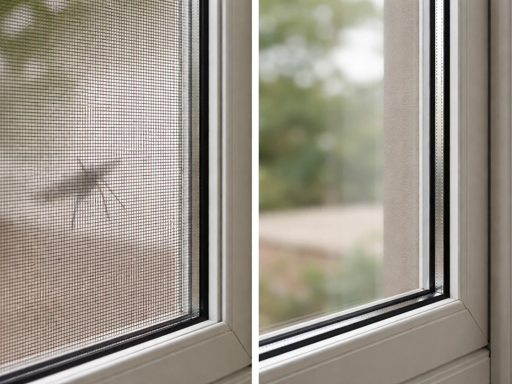 Close-up of no-see-um mesh screen and a sealed glass panel section with framing in natural light.