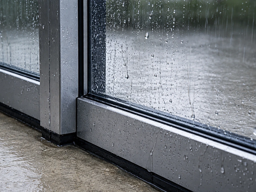 Rain beads on a glass panel with a tight aluminum frame, water shed along the edges.