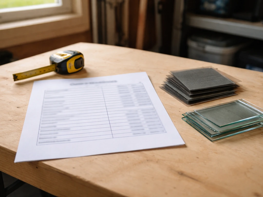 Blank quote breakdown sheet beside measuring tape and patio enclosure material samples in a garage work area.