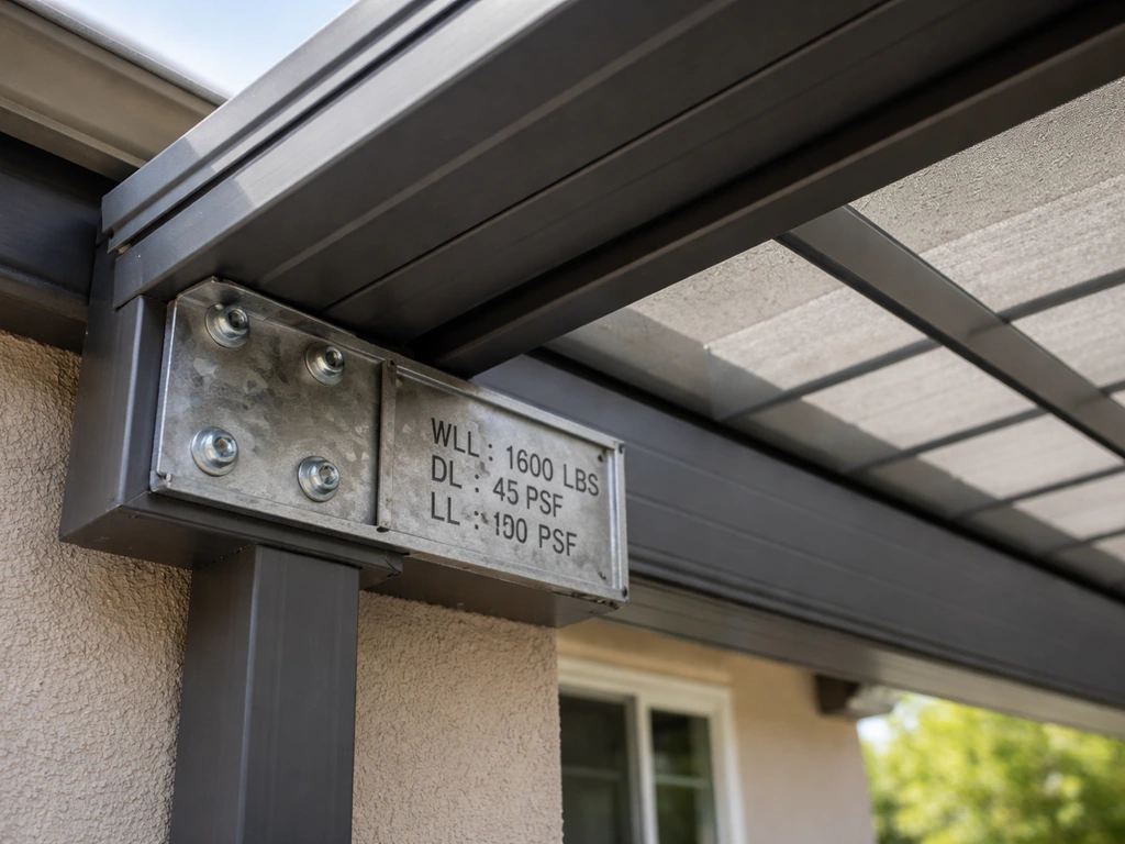 Close-up of an installed patio cover with visible engineered hardware and stamped structural rating plate