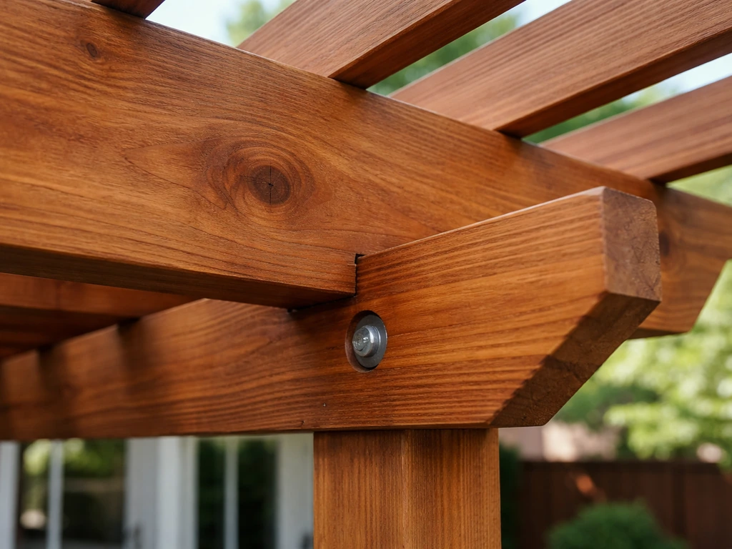 Close-up of a cedar/redwood pergola-style wood patio cover showing grain and joinery details