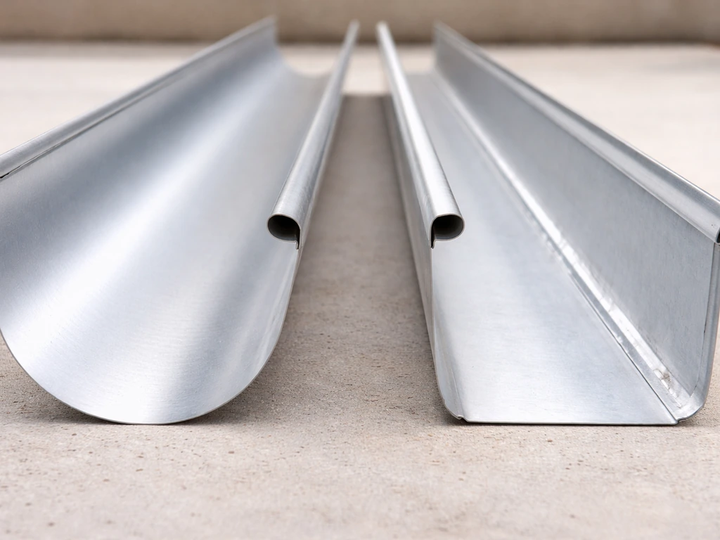 Split view of seamless roll-formed gutter and sectional gutter lap joints with sealant gaps