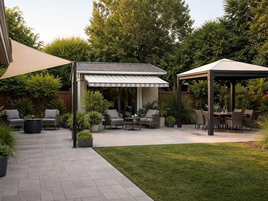 Backyard patio showing a shade sail, an extended awning, and a freestanding pavilion canopy.