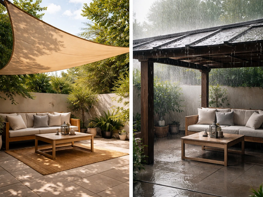 Left: shade sail in harsh sun; right: rain-shedding roof during rainfall over a quiet patio.
