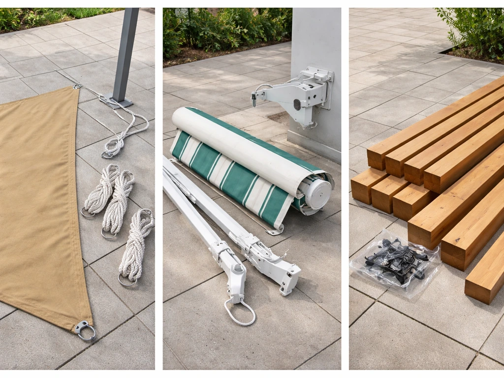 Side-by-side outdoor shade materials: shade sail kit, retractable awning hardware, and pergola slats.