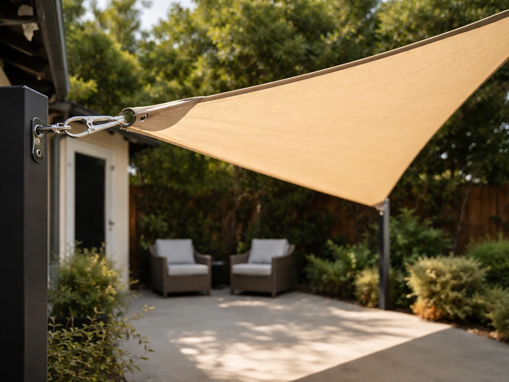 Patio shade sail installed with taut fabric anchored at multiple posts in warm daylight.