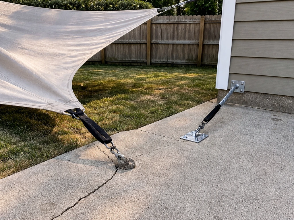 Backyard shade sail with left poor anchor failure and right properly bolted engineered hardware holding taut fabric.