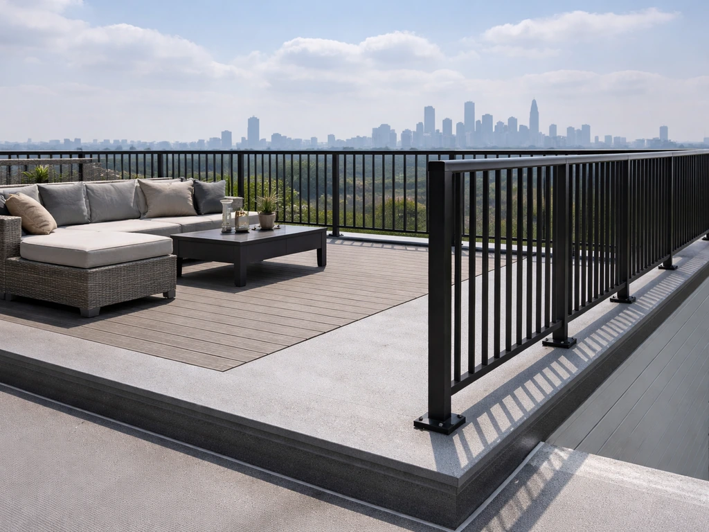 Rooftop patio with sturdy guard railings and waterproofed deck edge overlooking an urban skyline.