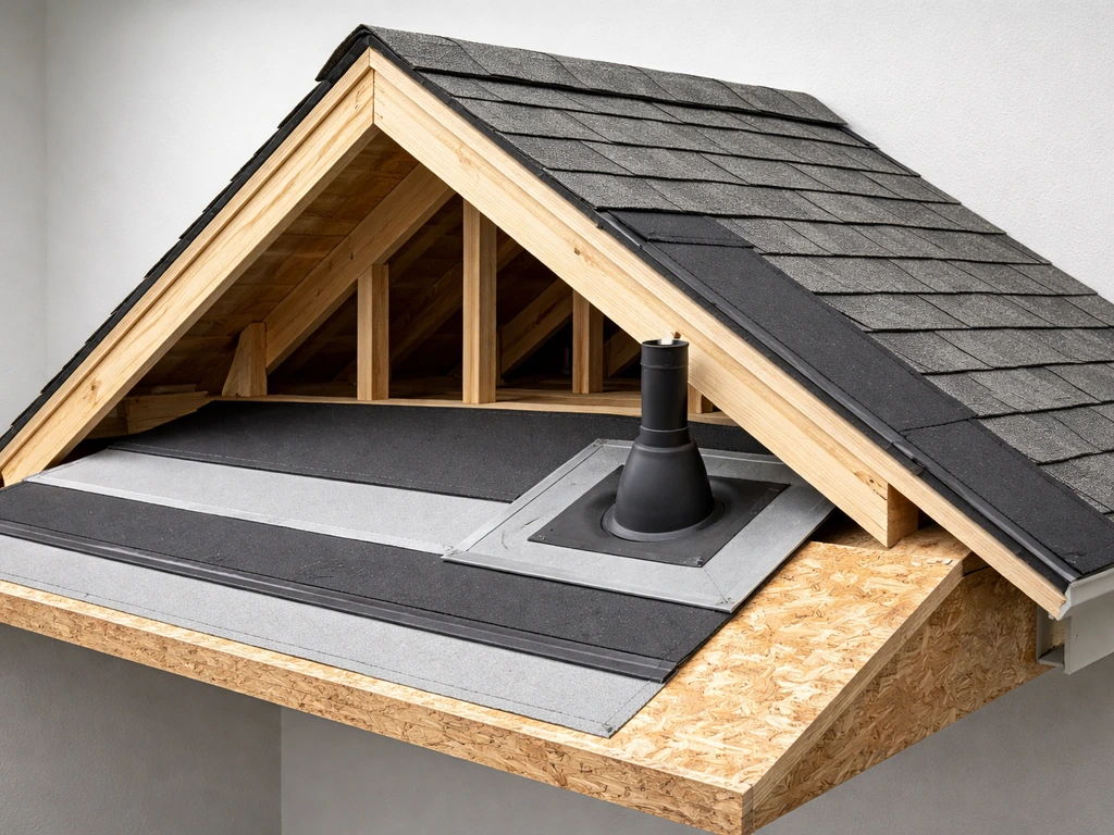 Simple cross-section view of a roof with framing, waterproof membrane layers, and flashing at a roof penetration