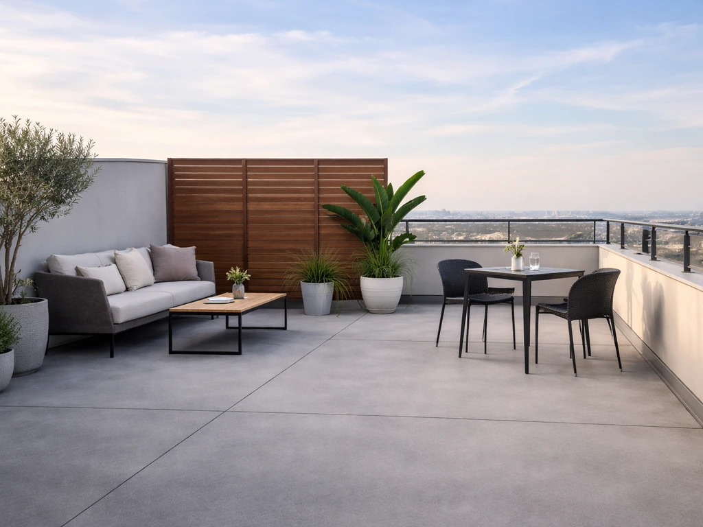 Minimal rooftop seating and dining layout with privacy screen and code-like railing line details