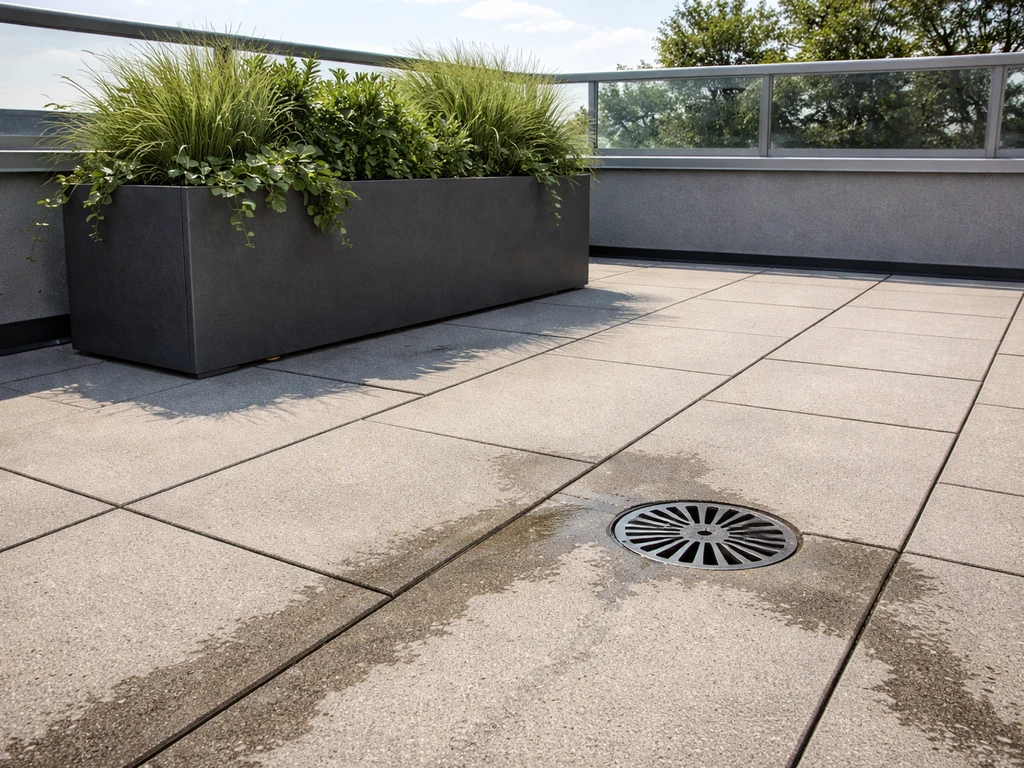 Rooftop patio showing a large planter placed away from a clear drain area with drainage paths visible