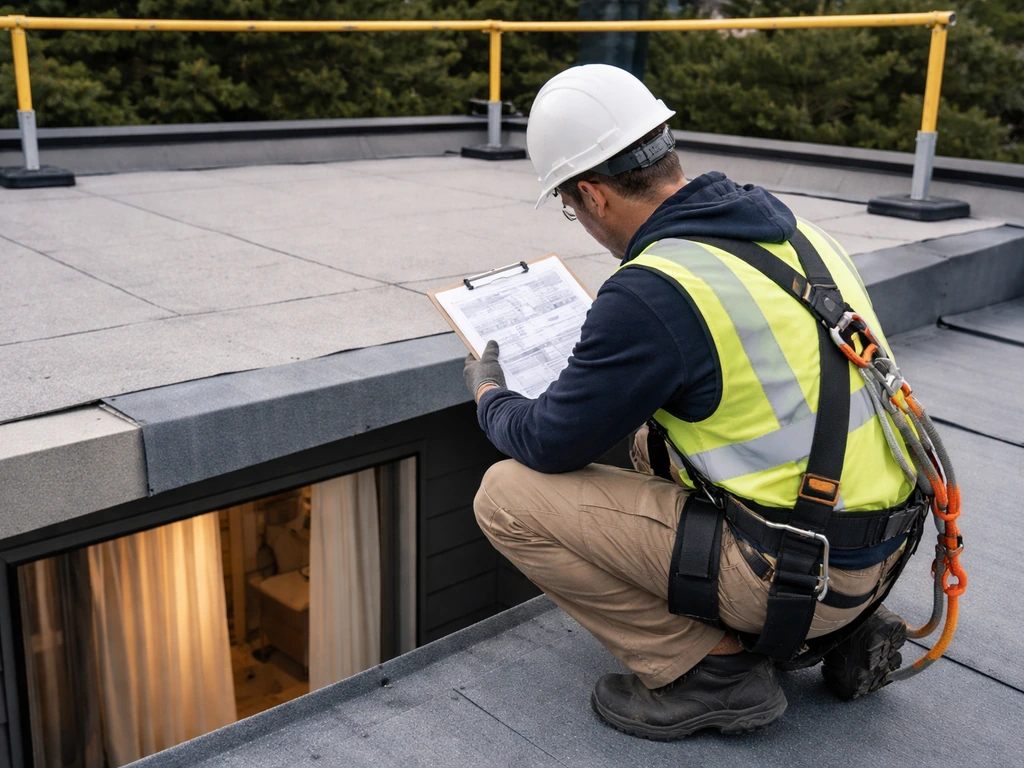 Contractor on a rooftop reviews waterproofing and guard-rail details beside occupied living space