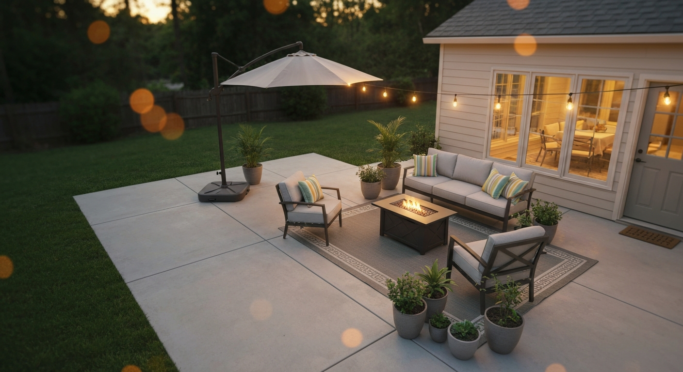 Inviting patio at golden hour with outdoor rug, fresh cushions, string lights, potted plants, umbrella, and a small fire pit