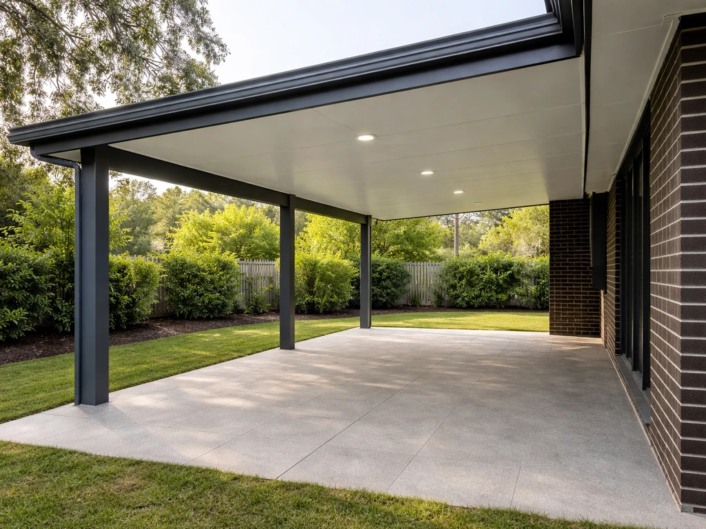 Newly built covered alfresco patio in a Brisbane backyard with weatherproof roofline and durable flooring.