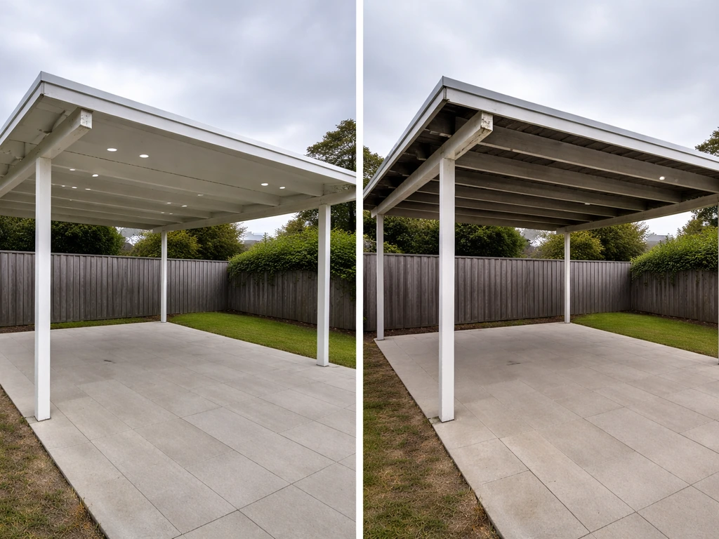 Split view showing a neatly finished pergola/roof on one side and an unfinished, gapped patio on the other.