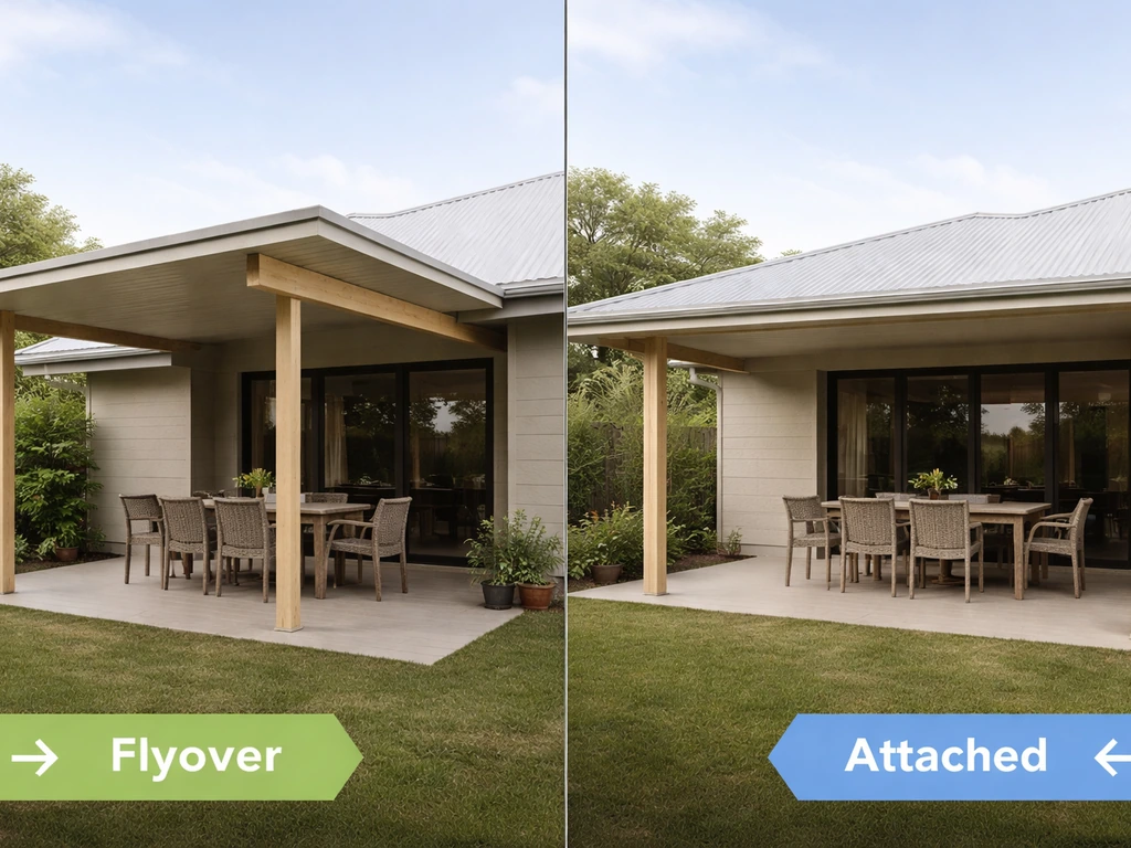 Split view of a flyover patio roof and an attached-to-house patio cover in a backyard.