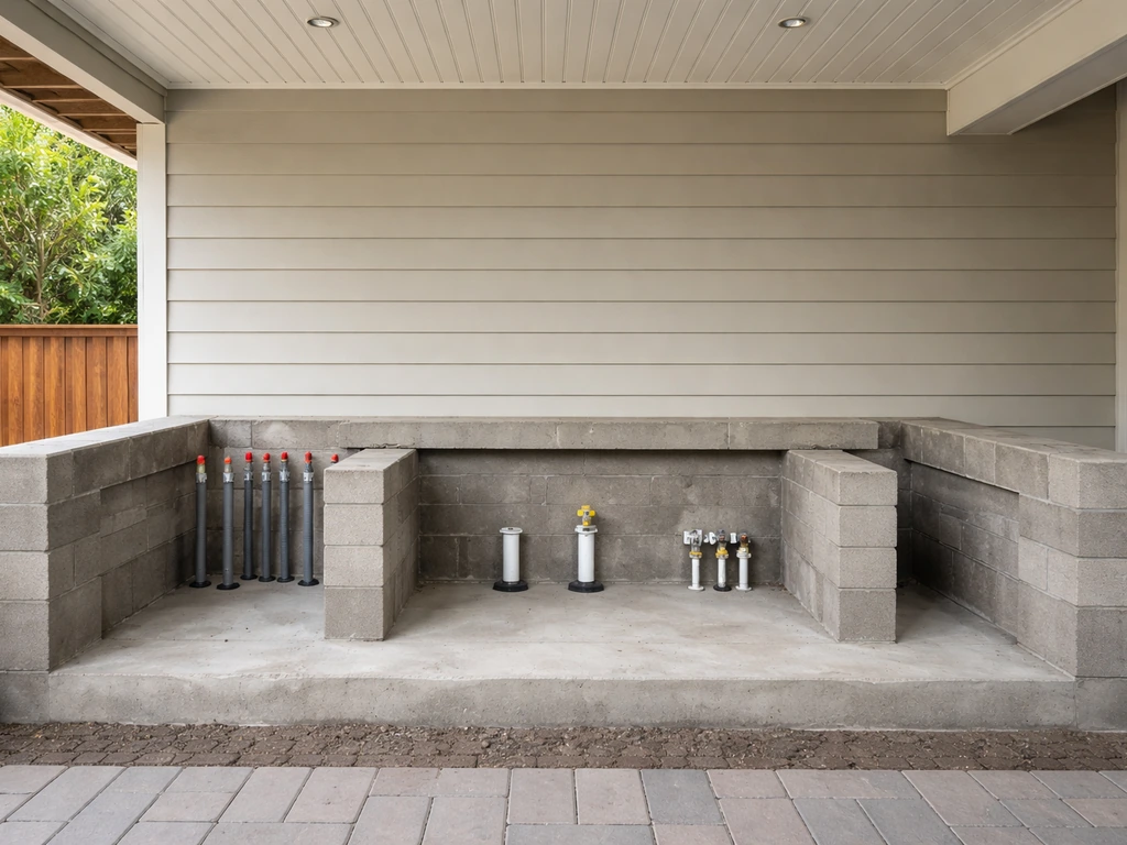 Outdoor kitchen rough-in under a patio roof with capped electrical conduit and plumbing stub-outs.