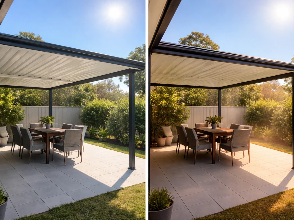 Split-style photo showing a high flyover patio roof with cool shaded airflow versus a low roof holding heat