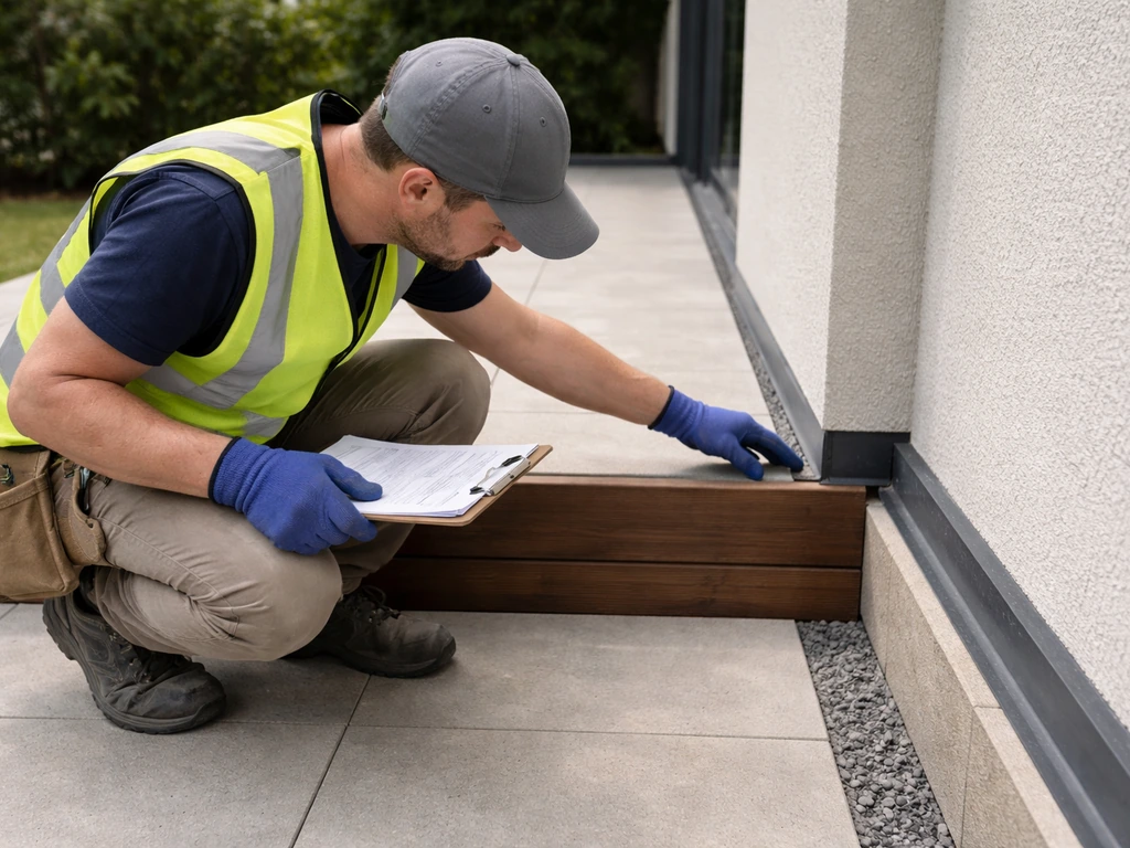 Builder inspecting a finished patio on-site, checking flashing and drainage details with a clipboard.
