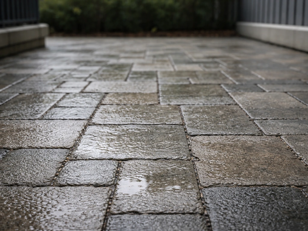 Wet, shaded north-facing patio floor with textured slip-safe pavers and stone sheen reflections.