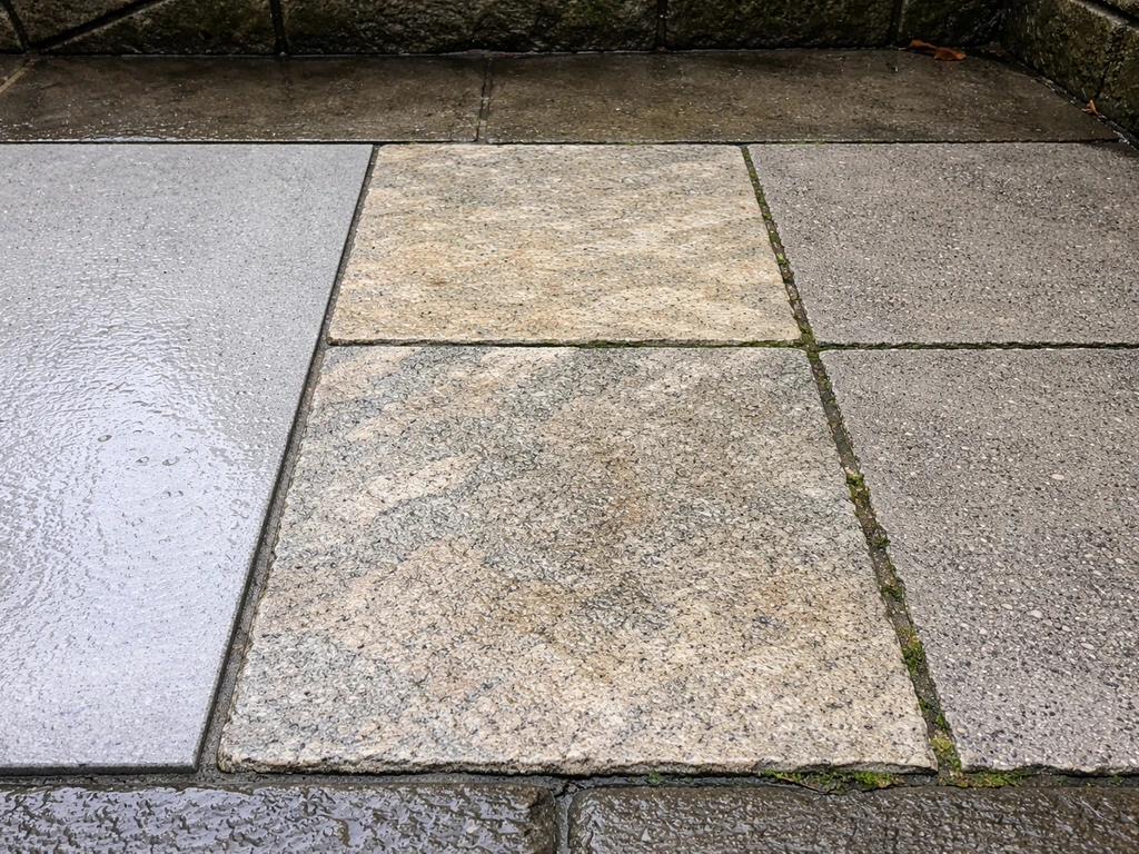 Shaded damp patio showing adjacent porcelain, stone, and concrete surfaces with light moss and algae.