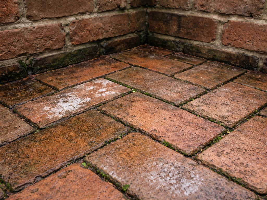 Damp north-facing brick patio with darker staining and light efflorescence on the bricks