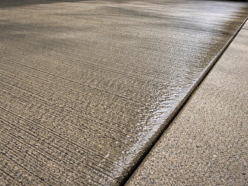 Close-up of broom-finished, exposed-aggregate concrete patio with visible texture and slight slope