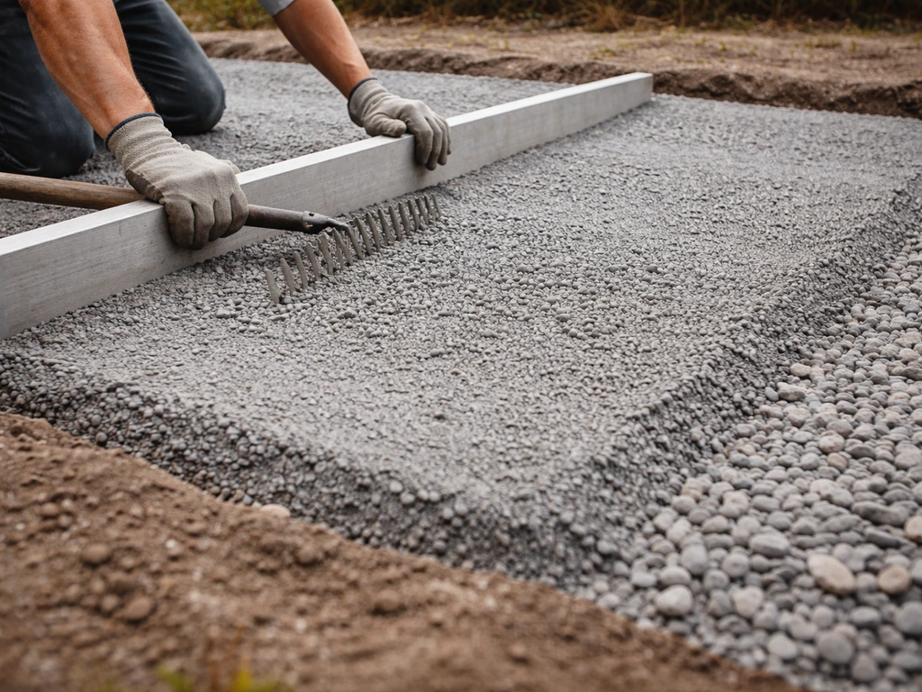 Installer levels compacted aggregate base for a shaded patio with visible slope and drainage grading