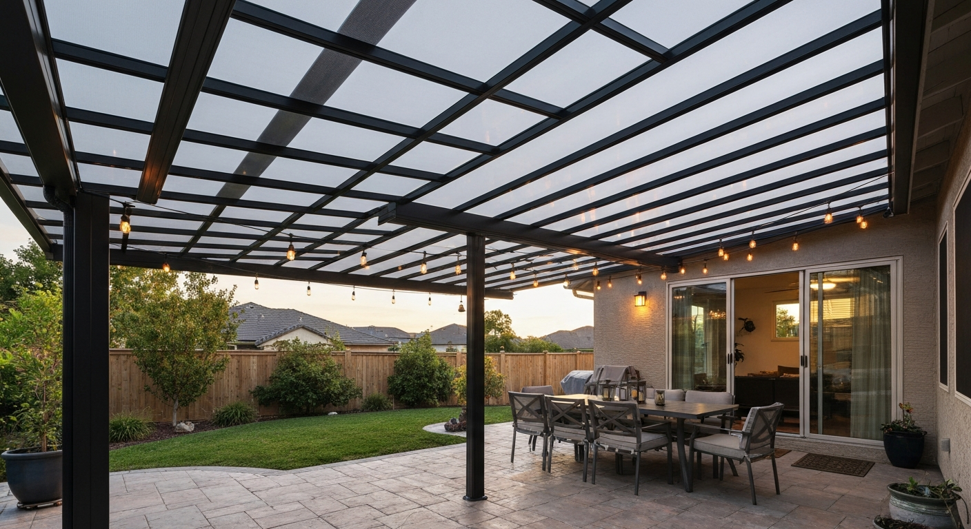 Backyard patio with an attached hard-top shade (aluminum frame and polycarbonate panels), dining table, string lights and plants.