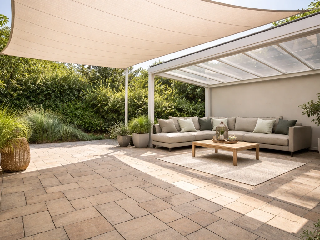 Bright modern patio with paver flooring, built-in shade canopy, and weatherproof outdoor seating
