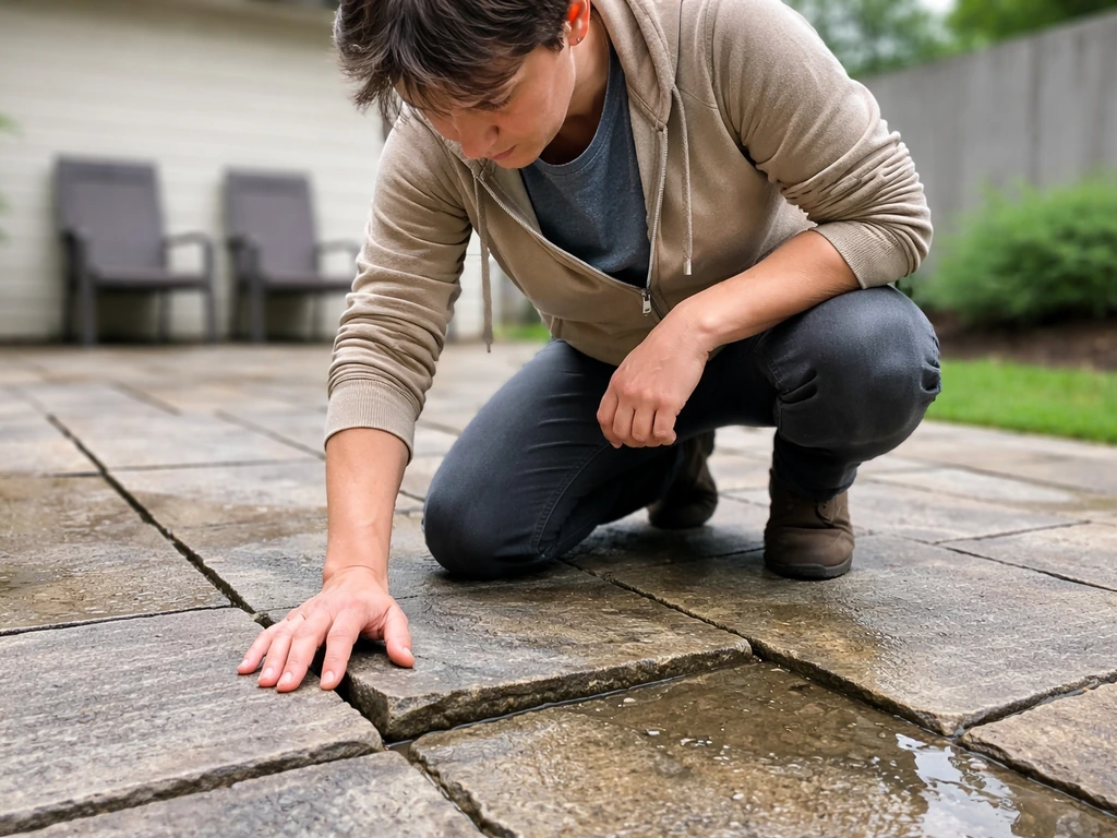 Homeowner kneeling on a patio to inspect uneven pavers and standing water after rain