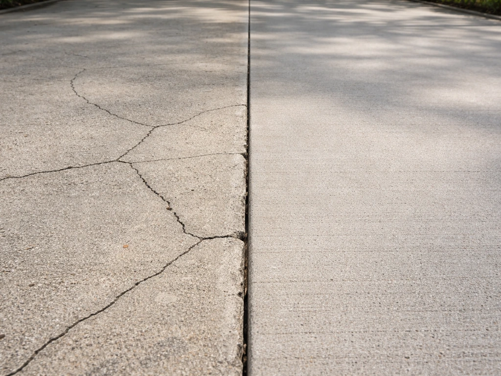 Close-up of a concrete patio showing visible cracks on one area and a smoother maintained section on the other.