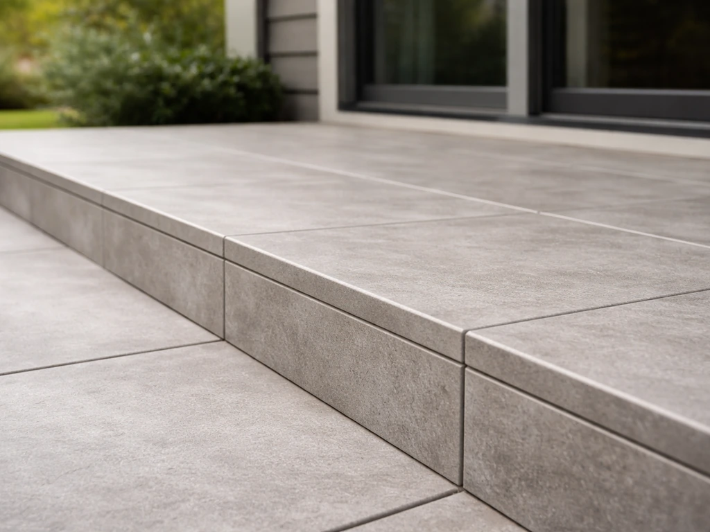 Frost-rated exterior tile on a covered patio with visible grout lines and clean setting